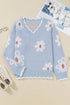 Fuzzy Floral Knit Scalloped V Neck Pullover Sweater