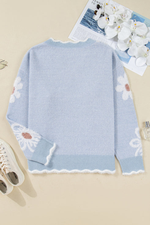 Fuzzy Floral Knit Scalloped V Neck Pullover Sweater
