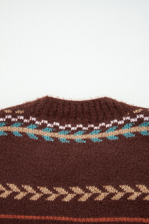 Fuzzy Knit Fair Isle Stripe Crew Neck Sweater