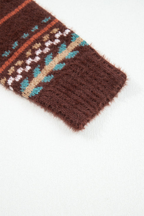 Fuzzy Knit Fair Isle Stripe Crew Neck Sweater