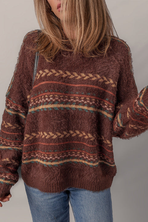 Fuzzy Knit Fair Isle Stripe Crew Neck Sweater