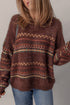 Fuzzy Knit Fair Isle Stripe Crew Neck Sweater