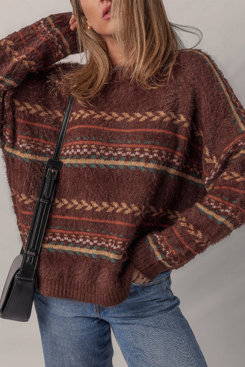 Fuzzy Knit Fair Isle Stripe Crew Neck Sweater