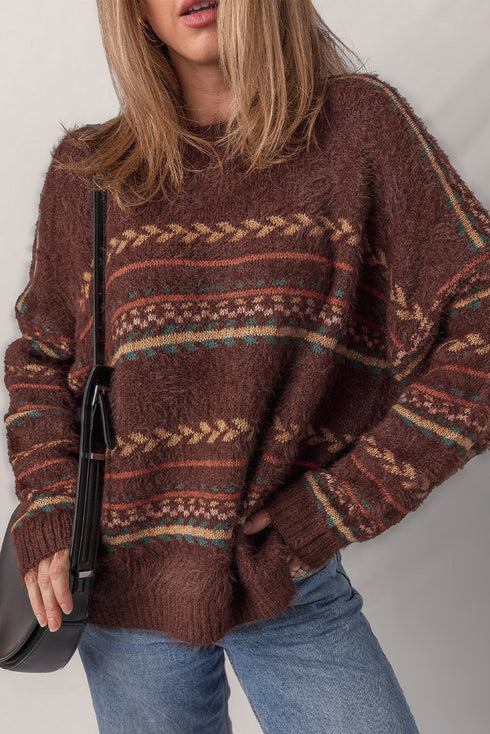 Fuzzy Knit Fair Isle Stripe Crew Neck Sweater