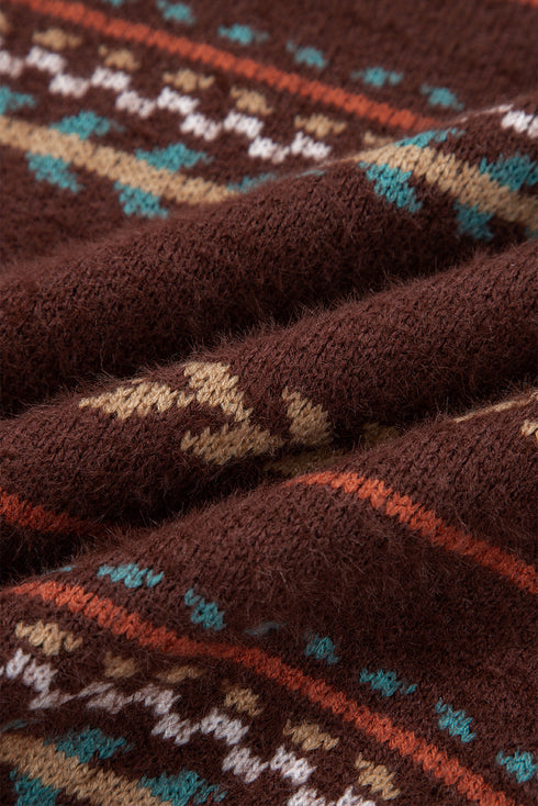 Fuzzy Knit Fair Isle Stripe Crew Neck Sweater