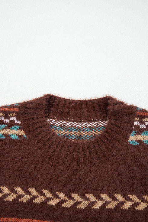 Fuzzy Knit Fair Isle Stripe Crew Neck Sweater
