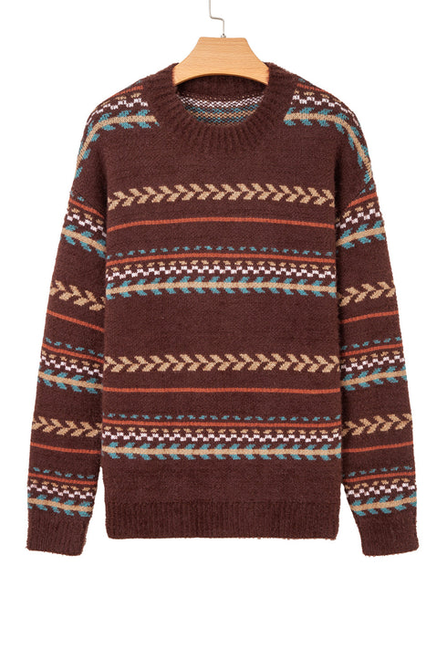 Fuzzy Knit Fair Isle Stripe Crew Neck Sweater