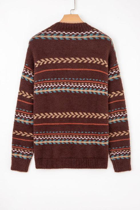Fuzzy Knit Fair Isle Stripe Crew Neck Sweater