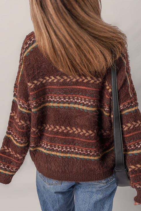 Fuzzy Knit Fair Isle Stripe Crew Neck Sweater