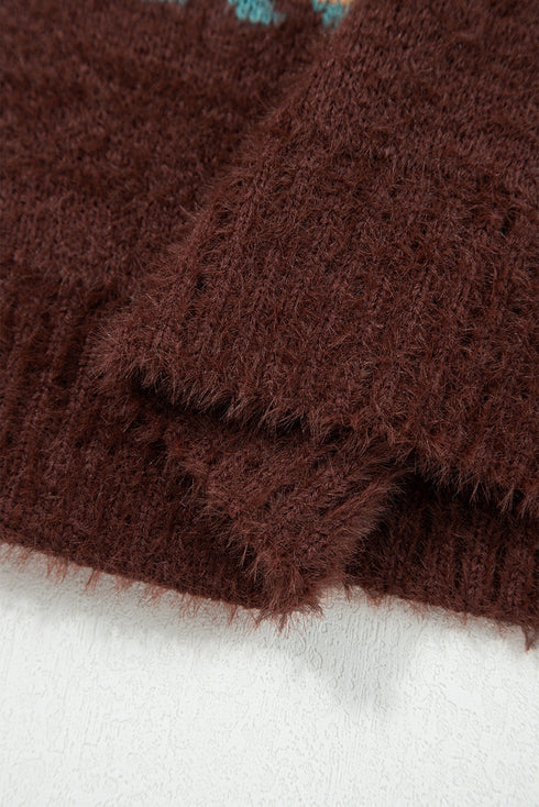 Fuzzy Knit Fair Isle Stripe Crew Neck Sweater