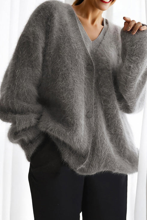 Fuzzy Mohair Effect Drop Shoulder Button V Neck Cardigan