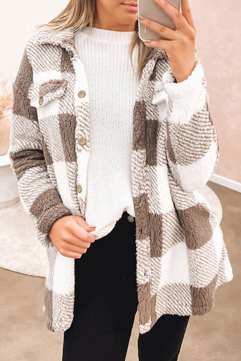 Fuzzy Plaid Flap Button Up Midi Coat