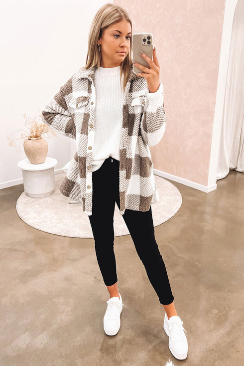 Fuzzy Plaid Flap Button Up Midi Coat