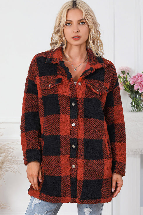 Fuzzy Plaid Flap Button Up Midi Coat