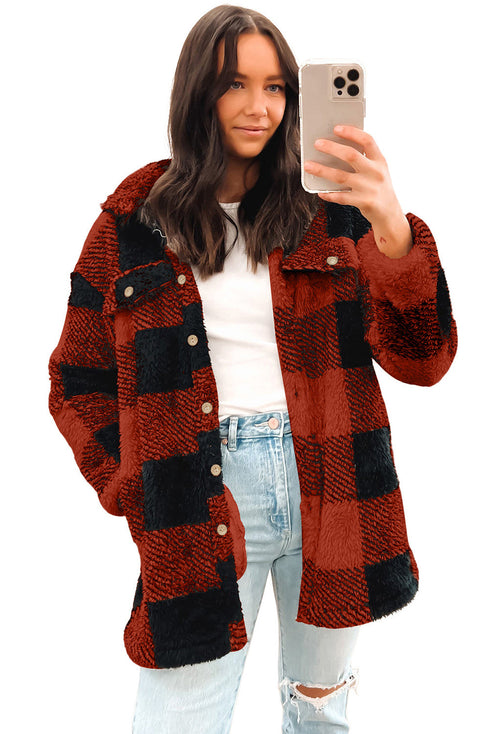 Fuzzy Plaid Flap Button Up Midi Coat