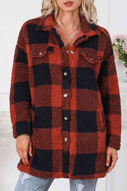 Fuzzy Plaid Flap Button Up Midi Coat