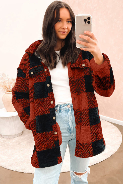 Fuzzy Plaid Flap Button Up Midi Coat