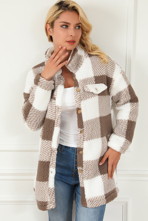Fuzzy Plaid Flap Button Up Midi Coat