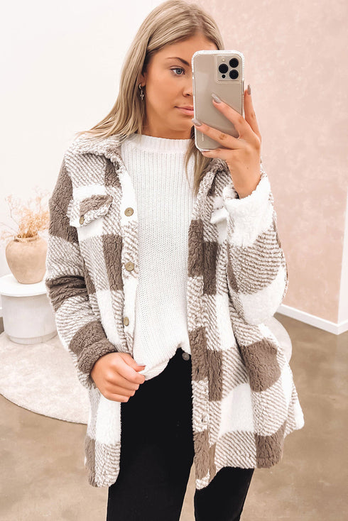 Fuzzy Plaid Flap Button Up Midi Coat