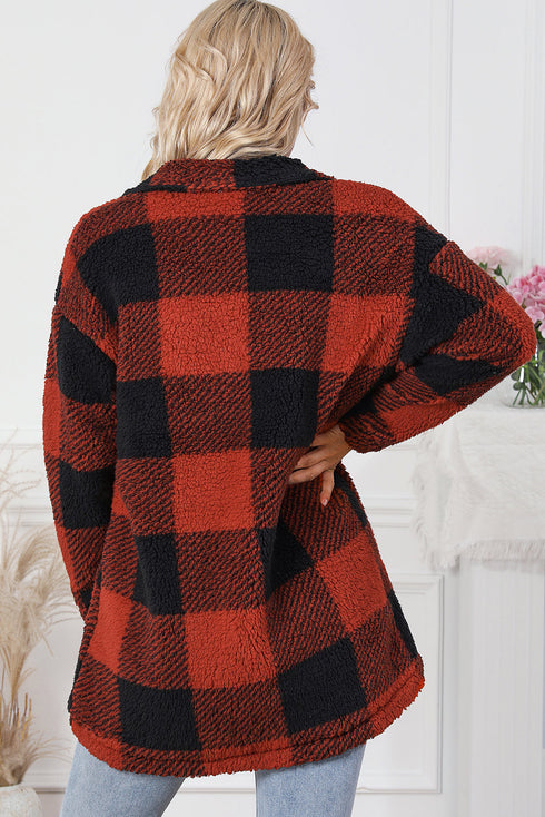 Fuzzy Plaid Flap Button Up Midi Coat