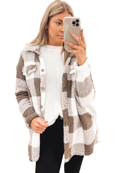 Fuzzy Plaid Flap Button Up Midi Coat