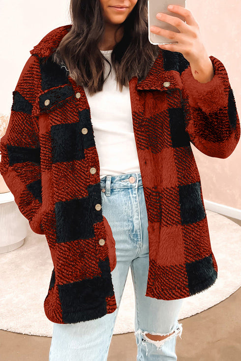 Fuzzy Plaid Flap Button Up Midi Coat