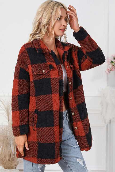 Fuzzy Plaid Flap Button Up Midi Coat