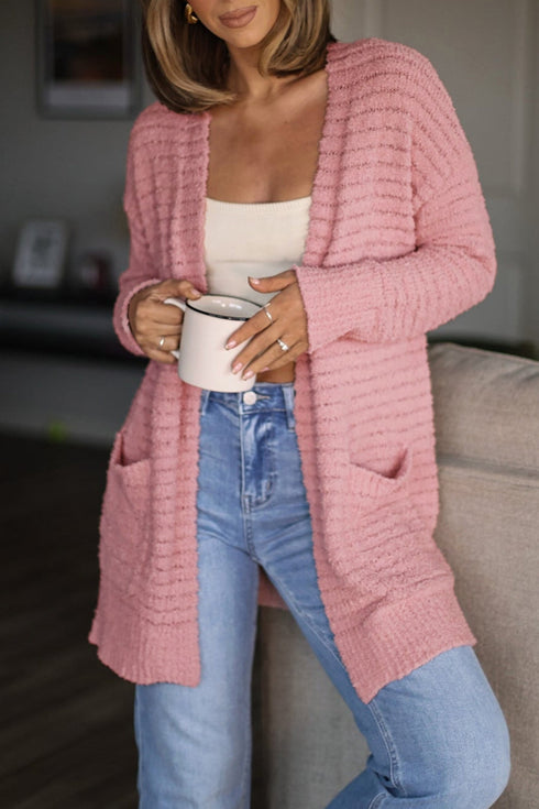 Fuzzy Ribbed Open Front Textured Sweater Cardigan