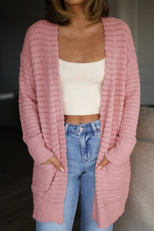 Fuzzy Ribbed Open Front Textured Sweater Cardigan