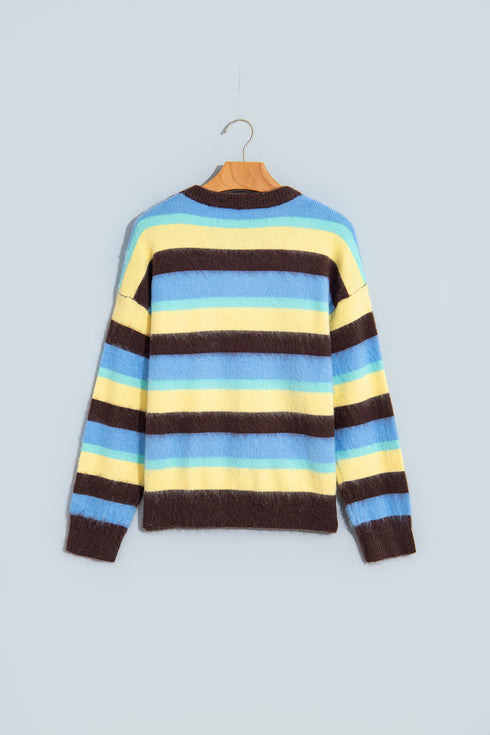 Fuzzy Striped Knit Round Neck Shift Sweater