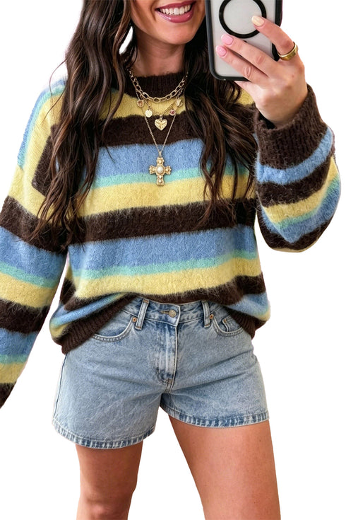 Fuzzy Striped Knit Round Neck Shift Sweater