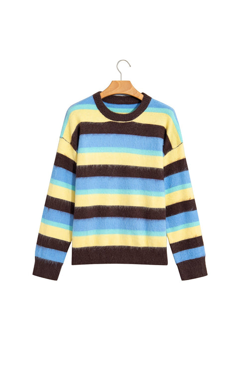 Fuzzy Striped Knit Round Neck Shift Sweater