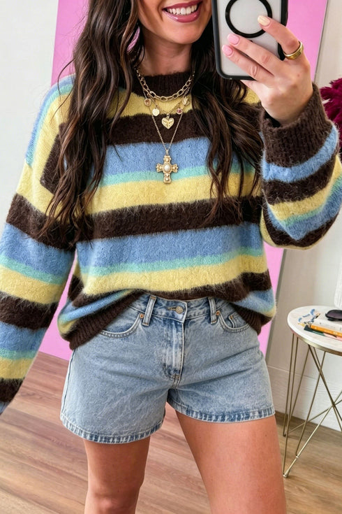 Fuzzy Striped Knit Round Neck Shift Sweater