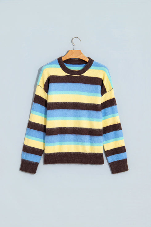 Fuzzy Striped Knit Round Neck Shift Sweater