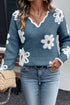 Fuzzy Textured Floral Knit V Neck Pullover Sweater