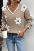 Fuzzy Textured Floral Knit V Neck Pullover Sweater