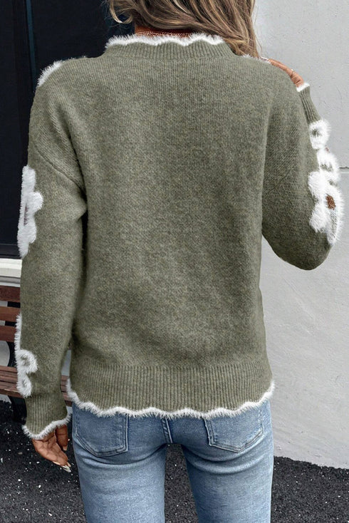 Fuzzy Textured Floral Knit V Neck Pullover Sweater