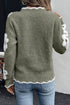 Fuzzy Textured Floral Knit V Neck Pullover Sweater