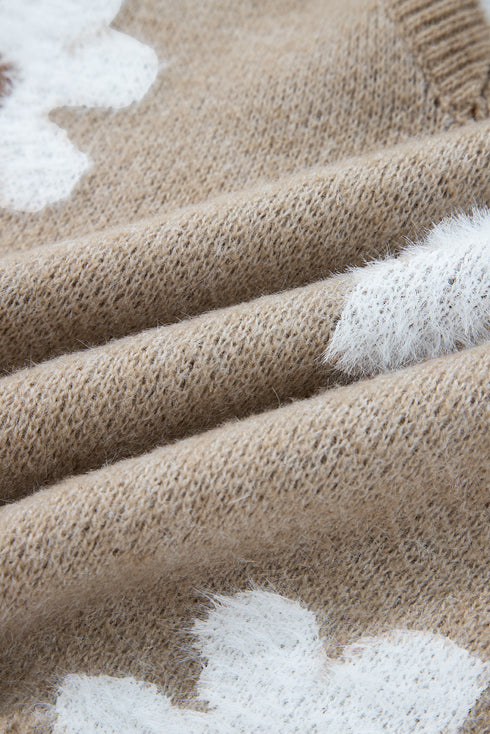 Fuzzy Textured Floral Knit V Neck Pullover Sweater
