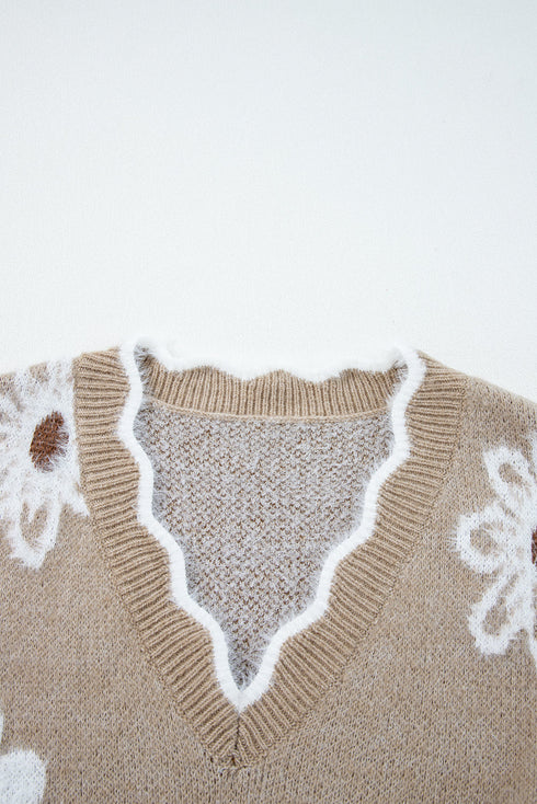 Fuzzy Textured Floral Knit V Neck Pullover Sweater
