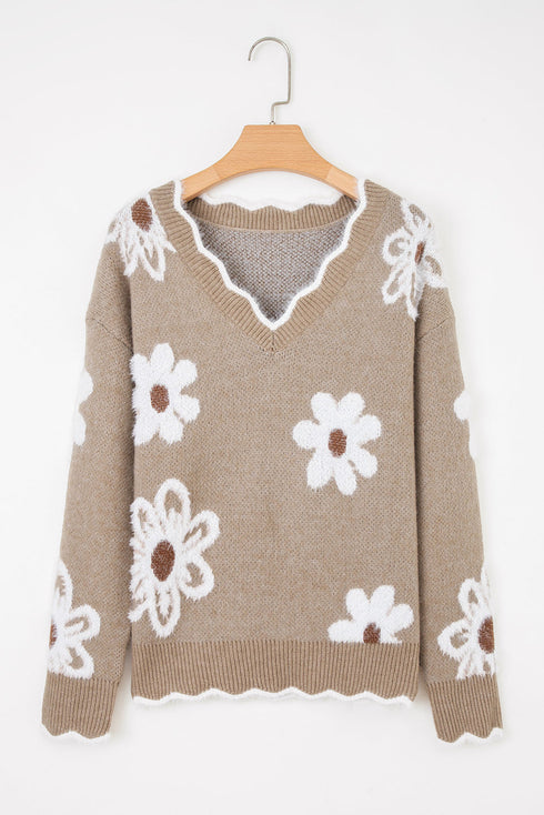 Fuzzy Textured Floral Knit V Neck Pullover Sweater