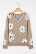 Fuzzy Textured Floral Knit V Neck Pullover Sweater