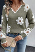 Fuzzy Textured Floral Knit V Neck Pullover Sweater