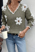 Fuzzy Textured Floral Knit V Neck Pullover Sweater