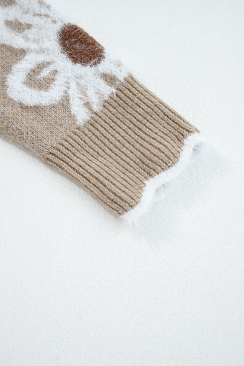 Fuzzy Textured Floral Knit V Neck Pullover Sweater