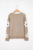 Fuzzy Textured Floral Knit V Neck Pullover Sweater