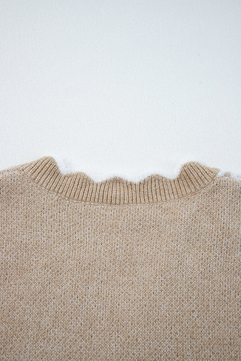 Fuzzy Textured Floral Knit V Neck Pullover Sweater
