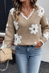 Fuzzy Textured Floral Knit V Neck Pullover Sweater