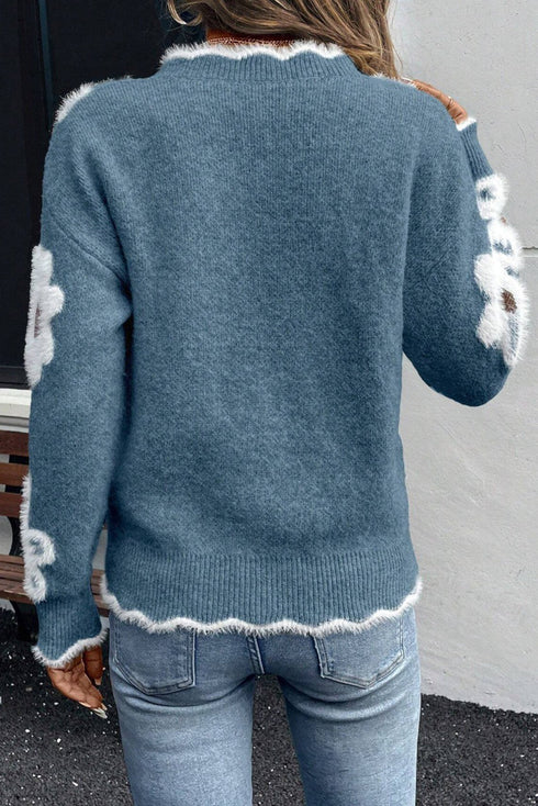 Fuzzy Textured Floral Knit V Neck Pullover Sweater