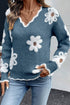 Fuzzy Textured Floral Knit V Neck Pullover Sweater